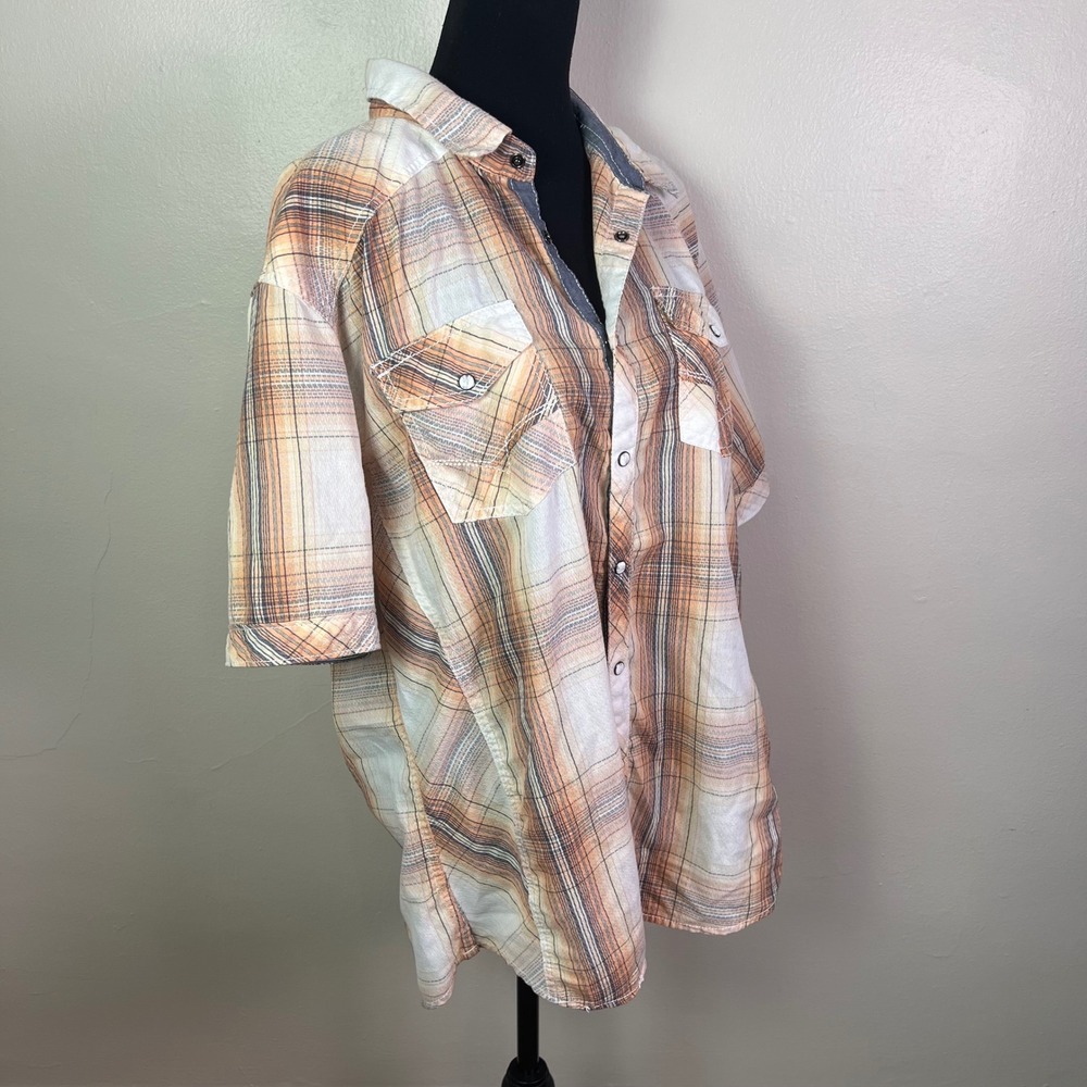 BKE Plaid Pearl Snap Western Shirt XL Orange Athletic Fit Short Sleeve Cowboy - Picture 5 of 8